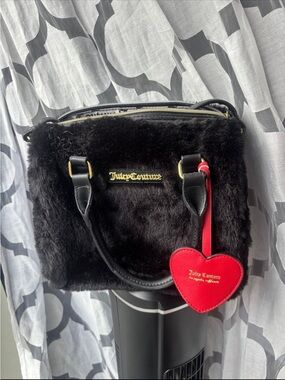 Juicy Couture Black Faux Fur Satchel with Red Heart Charm Tag
